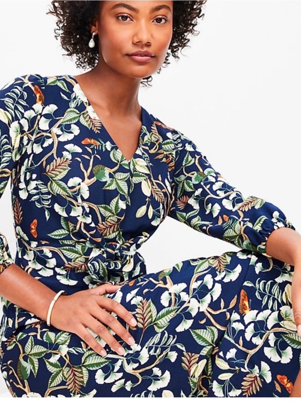 LOFT Navy Floral V-Neck Wrap Dress
